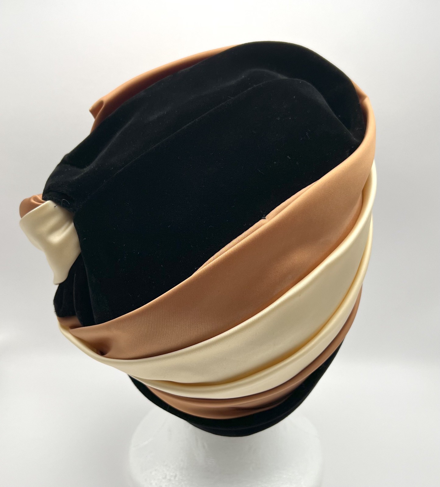 Vintage Shari Creations Turban Hat Black Velvet Cream Copper Satin USA Union