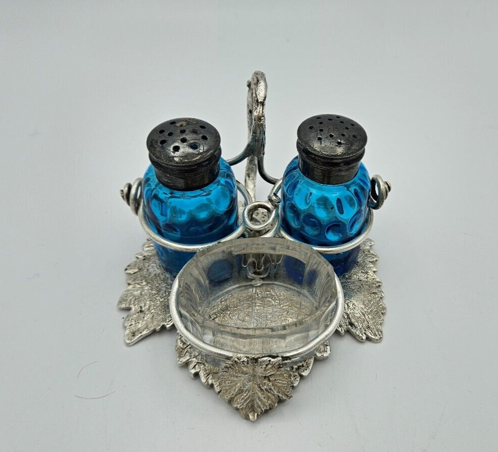 Antique sterling silver Hand-Made Stand w/Salt & Pepper Shakers & Salt Cellar