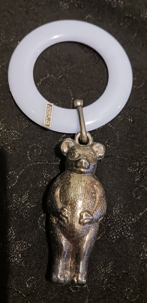 Vintage Teddy Bear Teething Ring Silverplate England New Old Stock