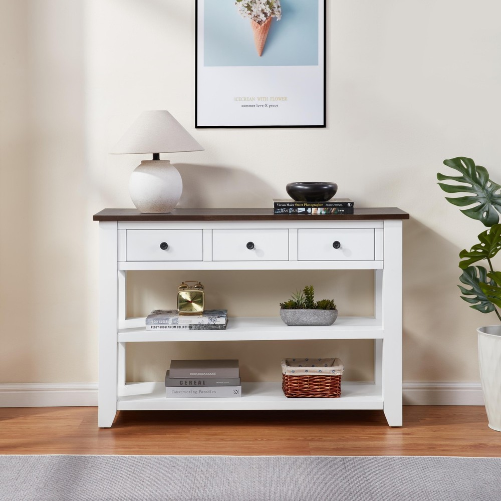 Vintage Style Console Table 2 Open Shelves | Solid Pine Wood Entryway Hall Table