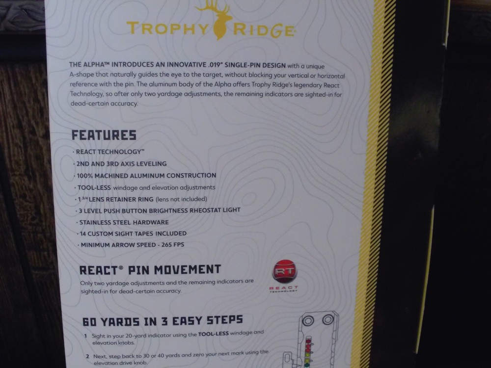 Trophy Ridge React alpha 1 PIN .019 Right Hand Black Archery Bow Sight