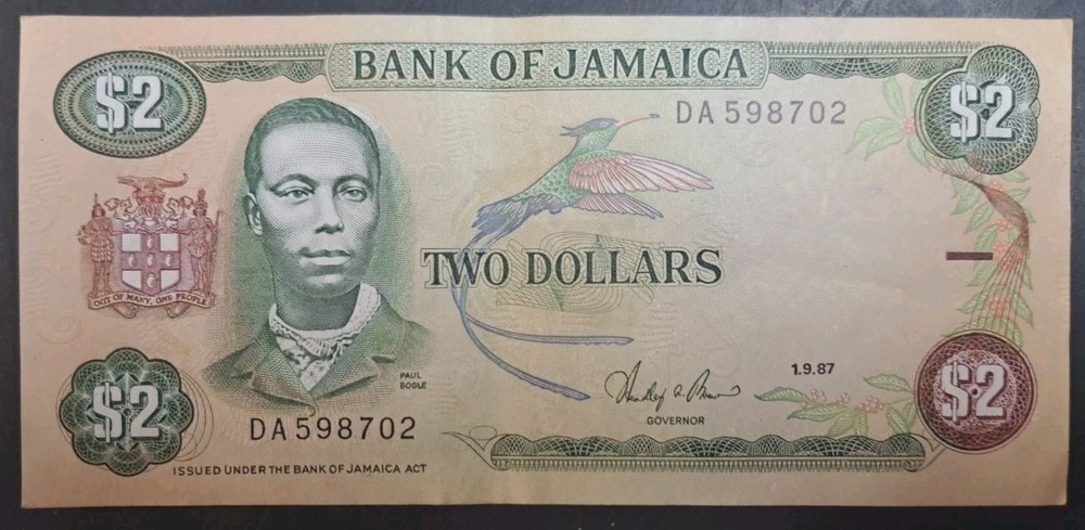 1987 Jamaica 2 Dollars P69b, DA598702.