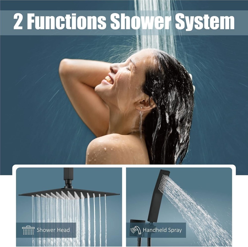 Black Shower System Ceiling Mount 12 inch Rainfall Shower Head with Mixer Valve