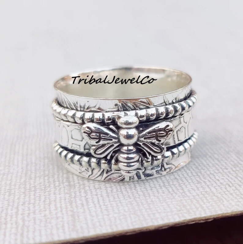 Honey Bee Spinner Ring, 925 Sterling Silver, Spinner Ring, Worry Ring, All size