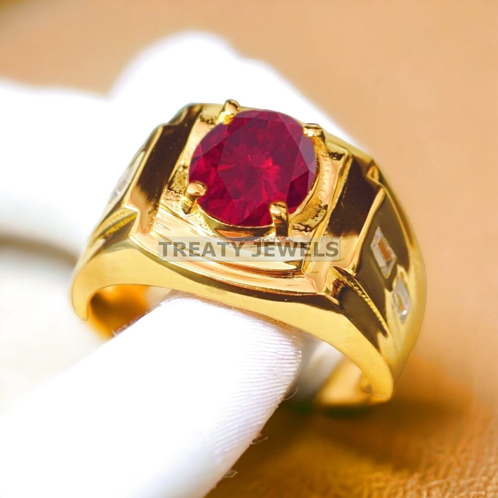 Ruby Oval Cut With 925 Sterling Silver Gold Plated Ring For Men's #A535 #