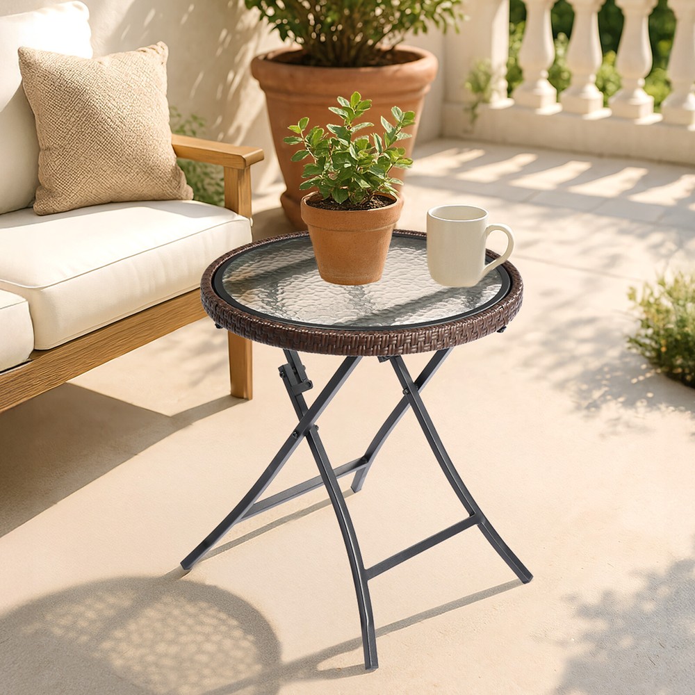 Round Rattan Side Table Foldable Wicker Table with Tempered Glass Table Top