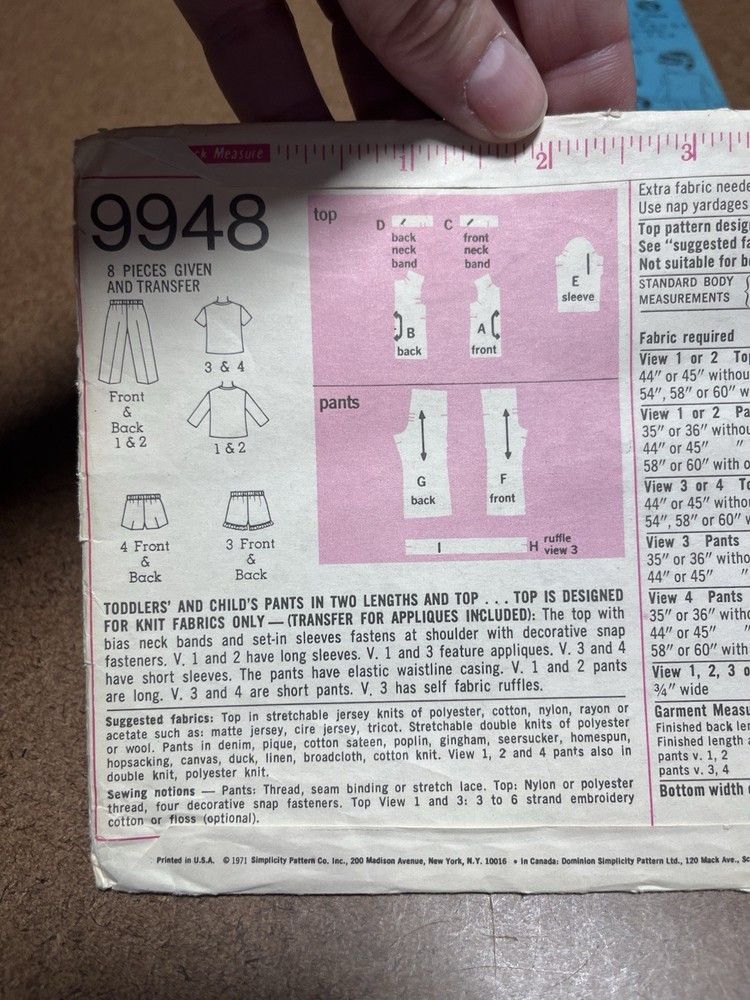 Simplicity 9948 Pattern Child Top Pants Shorts Size 2