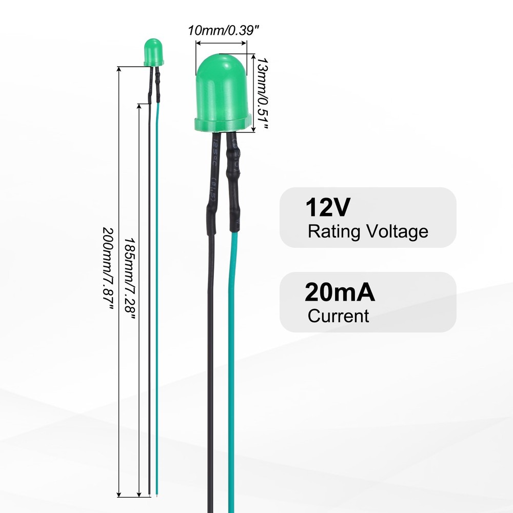 50pcs 10mm LED Diode Lights, Emerald Green DC 12V for Electronics