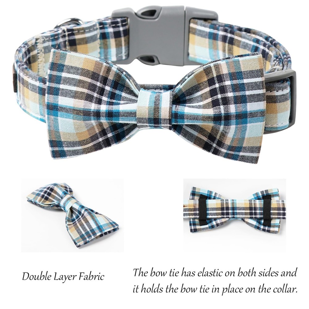 Dog Cat Collar Bowtie Grid Pattern Plastic Buckle Adjustable Small Medium Pet