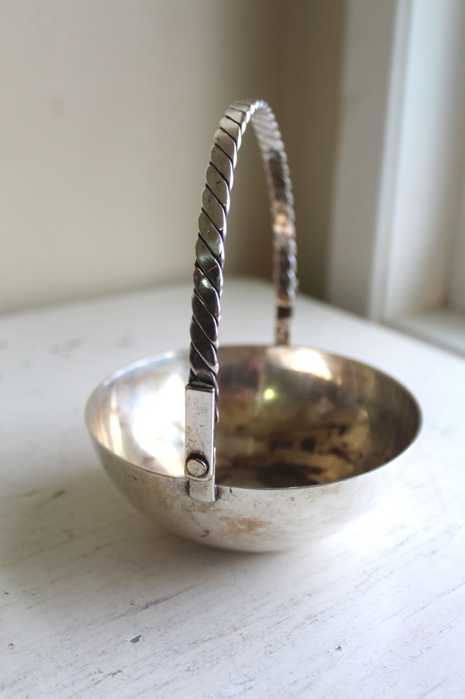 Low Silverplate Metal Bowl with Twist Swing Handle Easter Basket Incense Burner