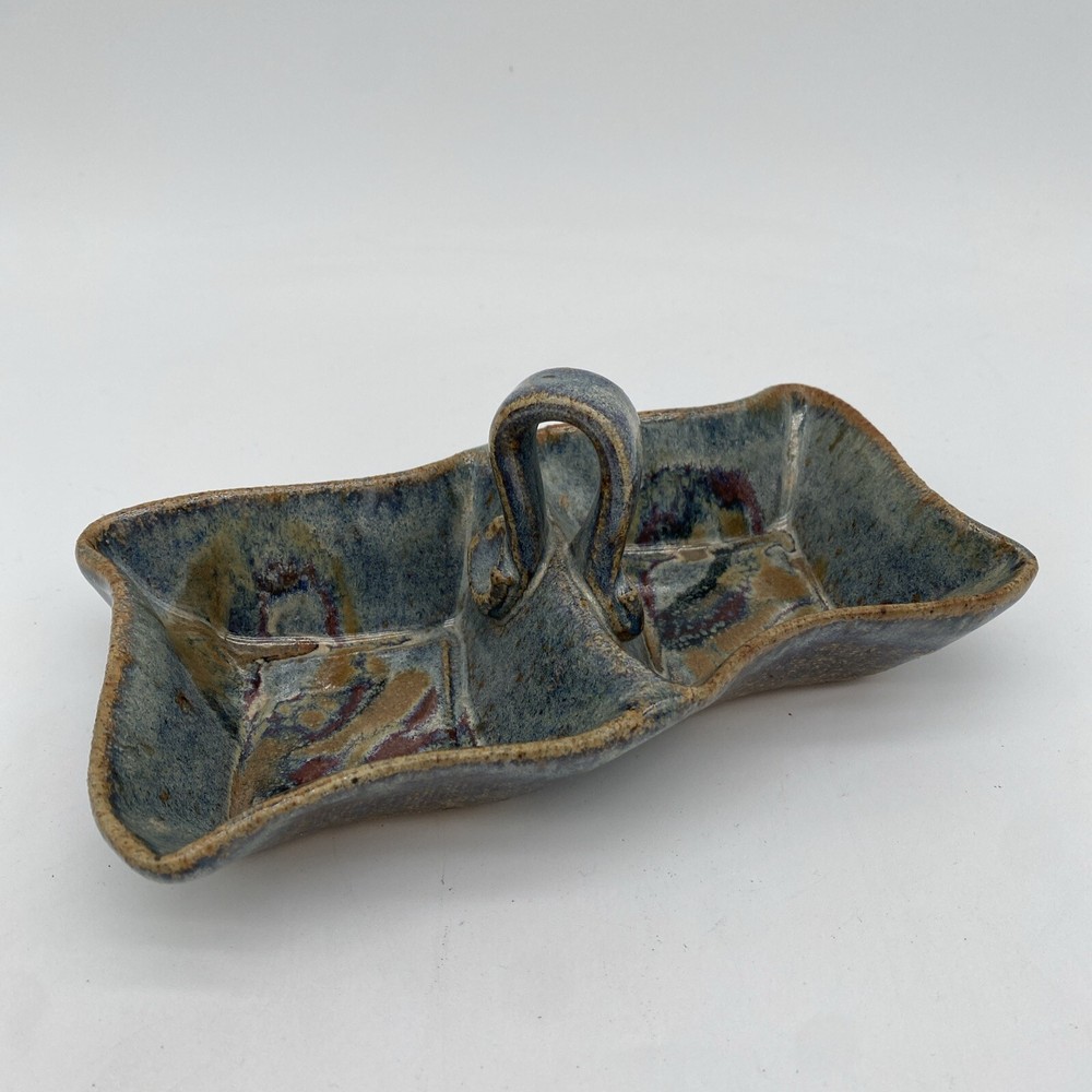 Studio Art Pottery 2 Part Serving Candy Nut Relish Condiment Dish With Handle