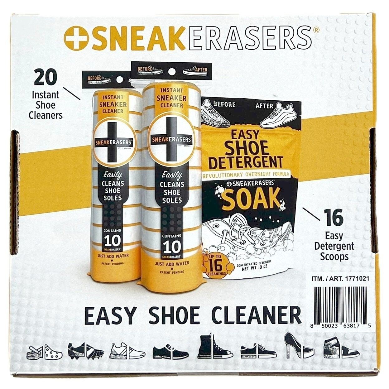 Sneak Erasers Shoe Cleaner 36pc Kit 20 Instant Shoe Erasers + 16 Detergent Scoop
