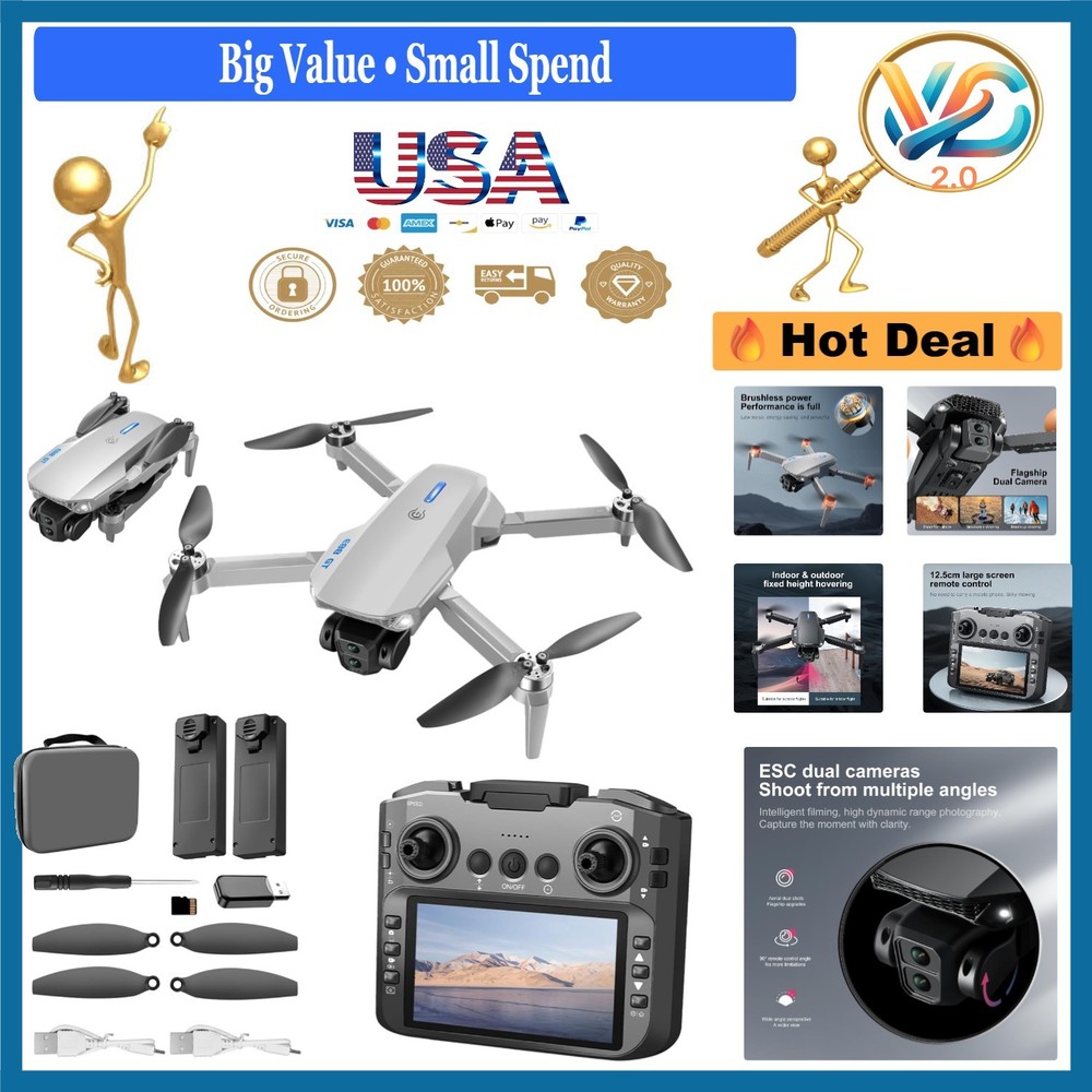 Gray Drone with 4.91 Inch Screen Controller 1080p HD Camera 2 Batteries