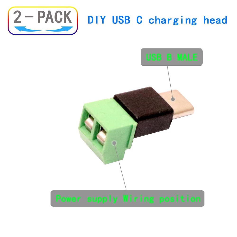2 Pack USB-C Solderless Connector Type-C Male Screw Terminal Adapter