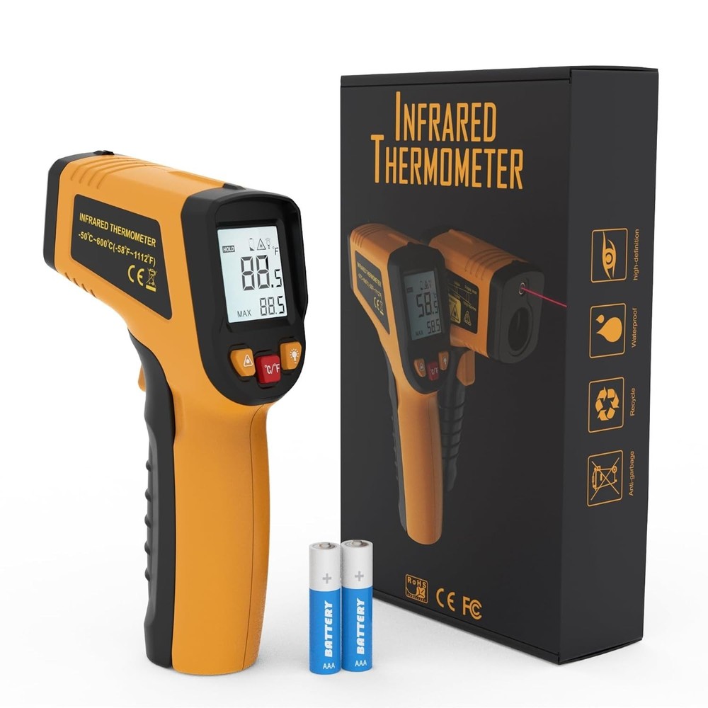 Digital Laser Thermometer: -58℉ to 1112℉, Adjustable Emissivity, Large Display