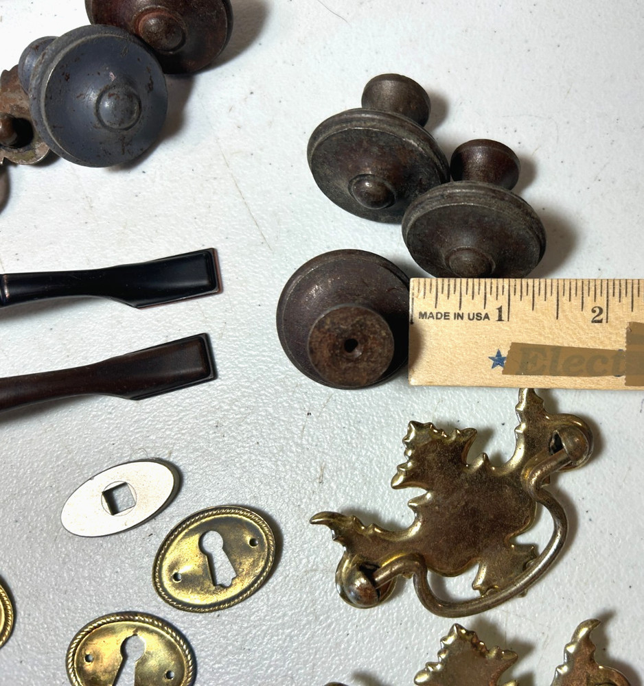 21 Vintage mostly Brass Draw Pulls, Knows, Key Holes, Mixed Lot of Pulls