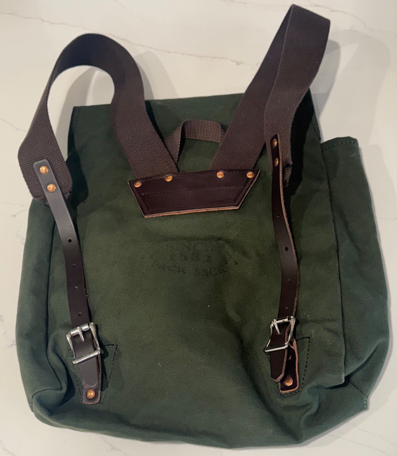 DULUTH PACK JUNIPER GREEN CANVAS & BROWN LEATHER SCOUT BACKPACK 16"X14" LOGO