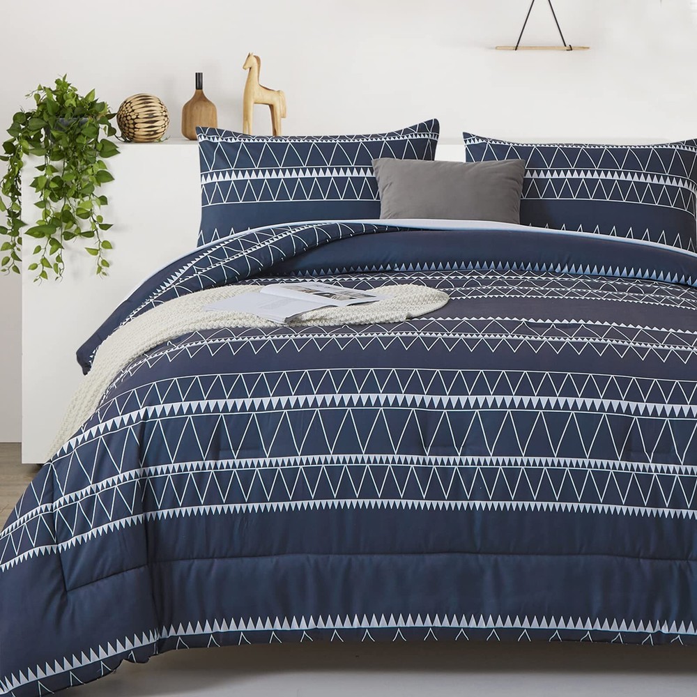 WONGS BEDDING Navy Blue Comforter Set Queen, Reversible Boho Triangle Down Al...