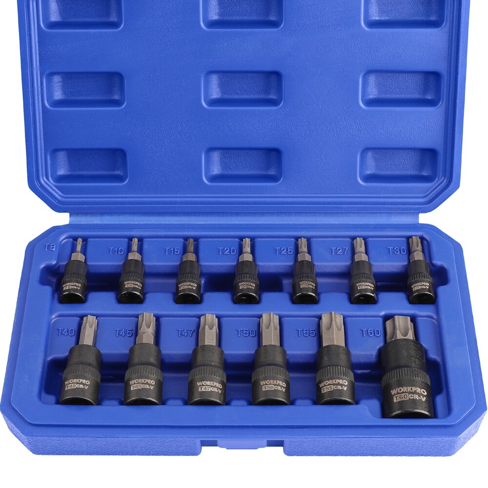 WORKPRO 13PC Torx Bit Socket Set 1/4" 3/8" 1/2" Drive T8-T60 Torx Bit Socket Set