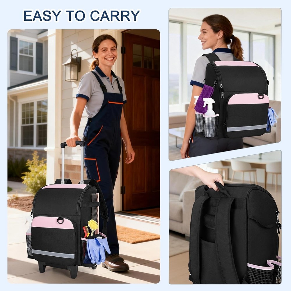 Pink Rolling Cleaning Backpack with Detachable Trolley - Efficient Organization