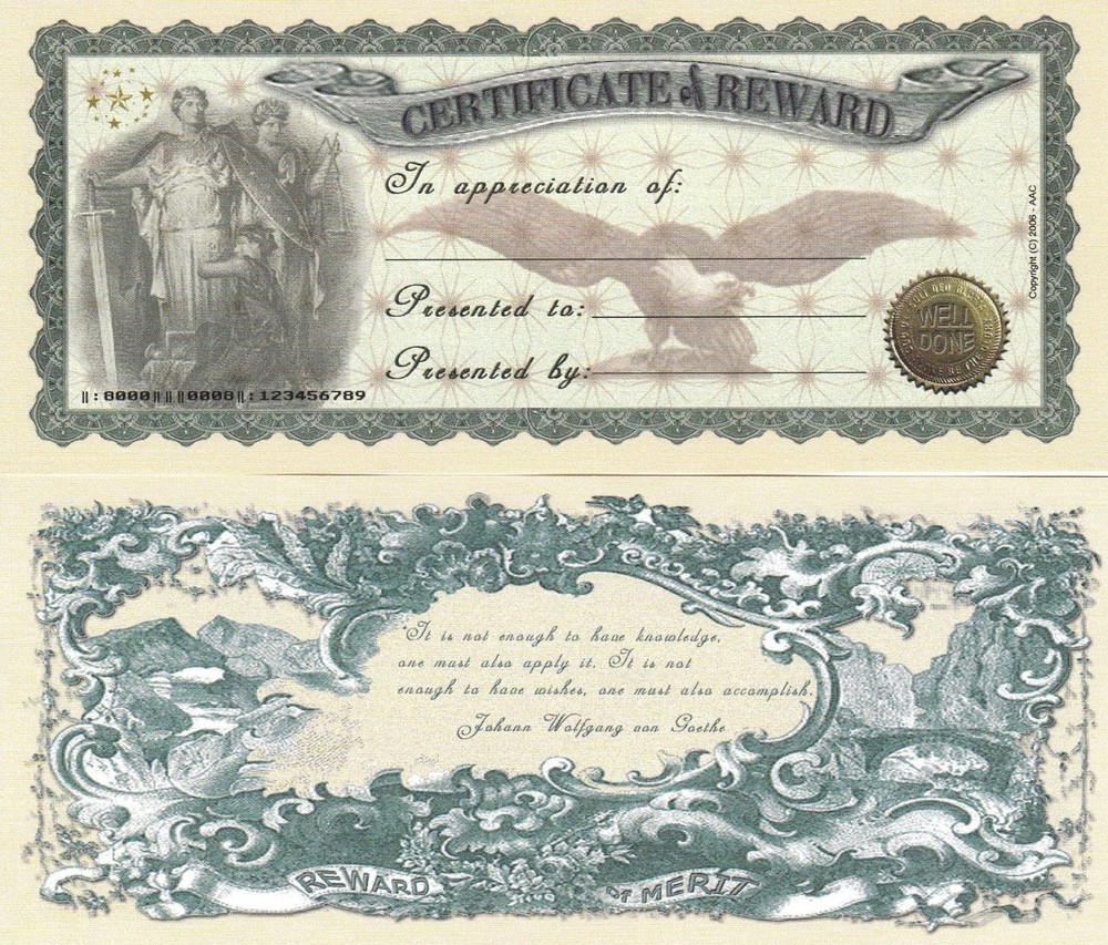 Certificate of Reward or Merit Customizable Novelty Note with FREE SLEEVE