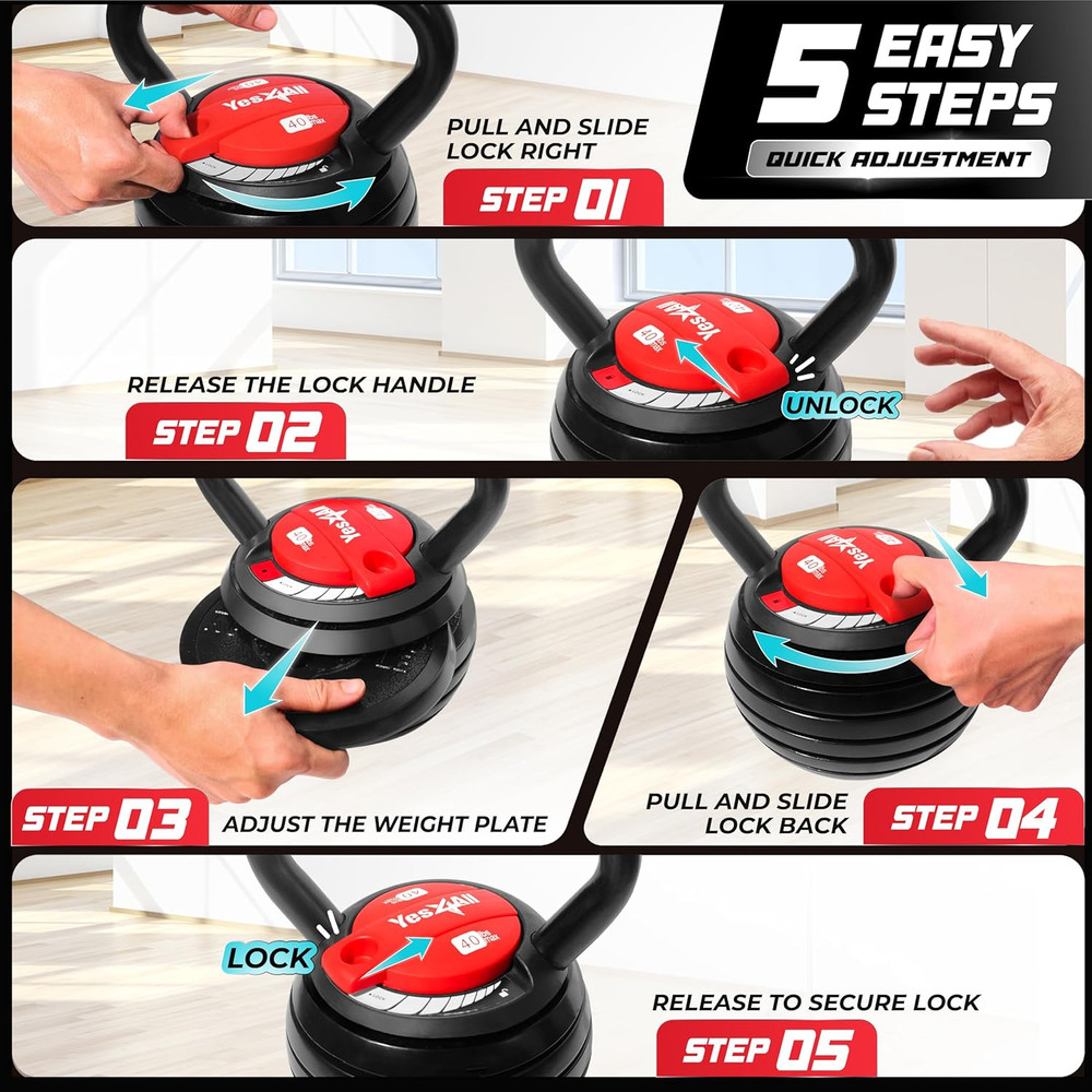 Adjustable Kettlebell Set, 20–40 LB Weight Set, Solid Cast Iron Handle with Spac