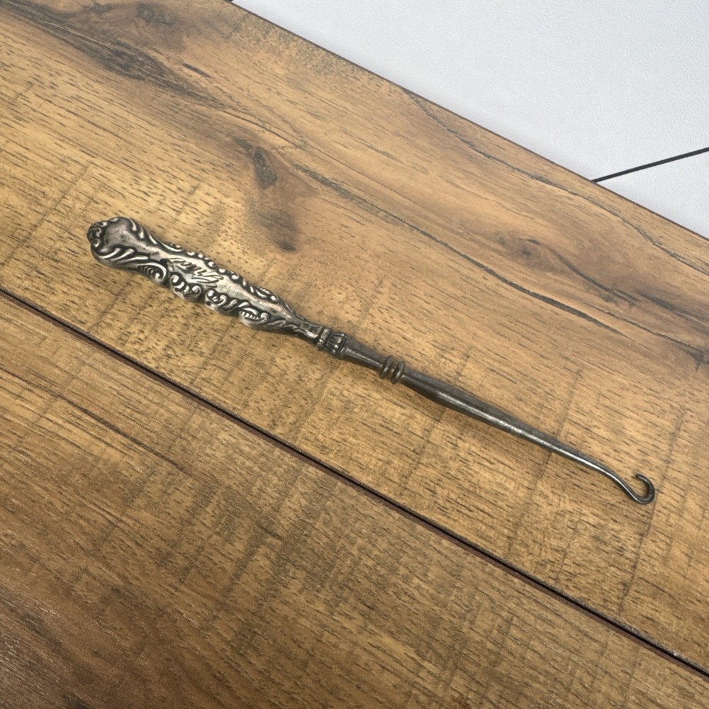 Antique Sterling Silver Handle Button Hook Beaded Floral & Scrolling Design