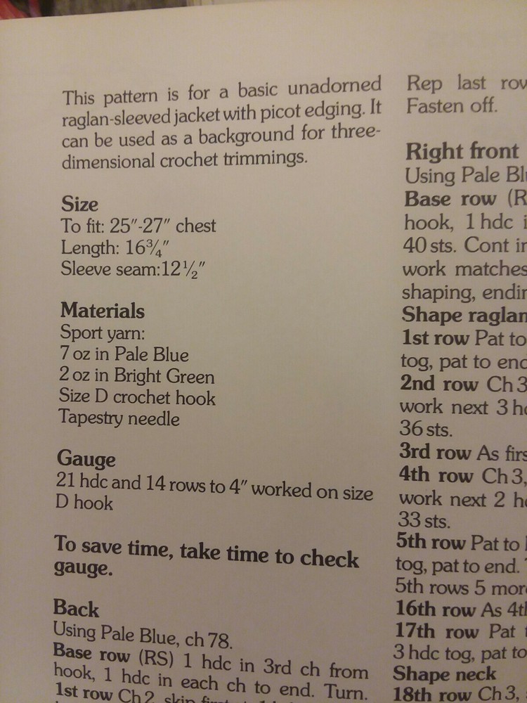 Childs Raglan Sleeved Jacket crochet PATTERN INSTRUCTIONS FREE SHIPPING
