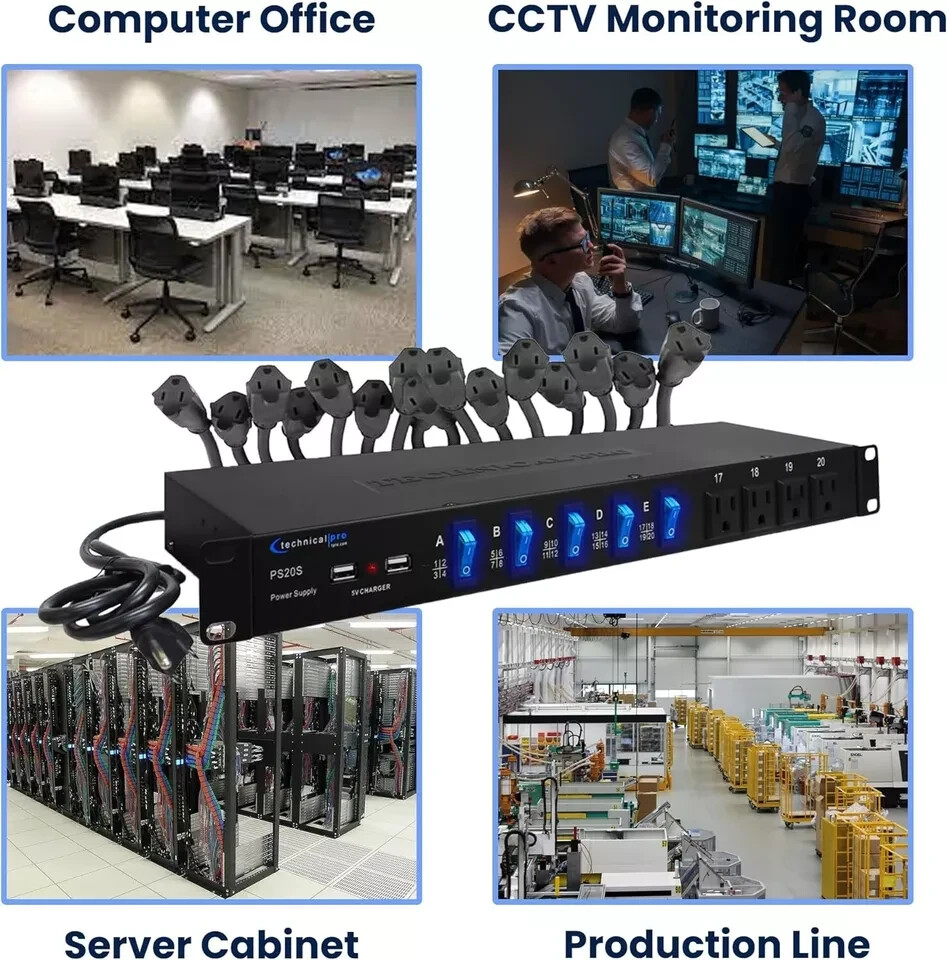 Technical Pro 20 Outlet 4 USB Port Rackmount Power Supply and Surge Protector