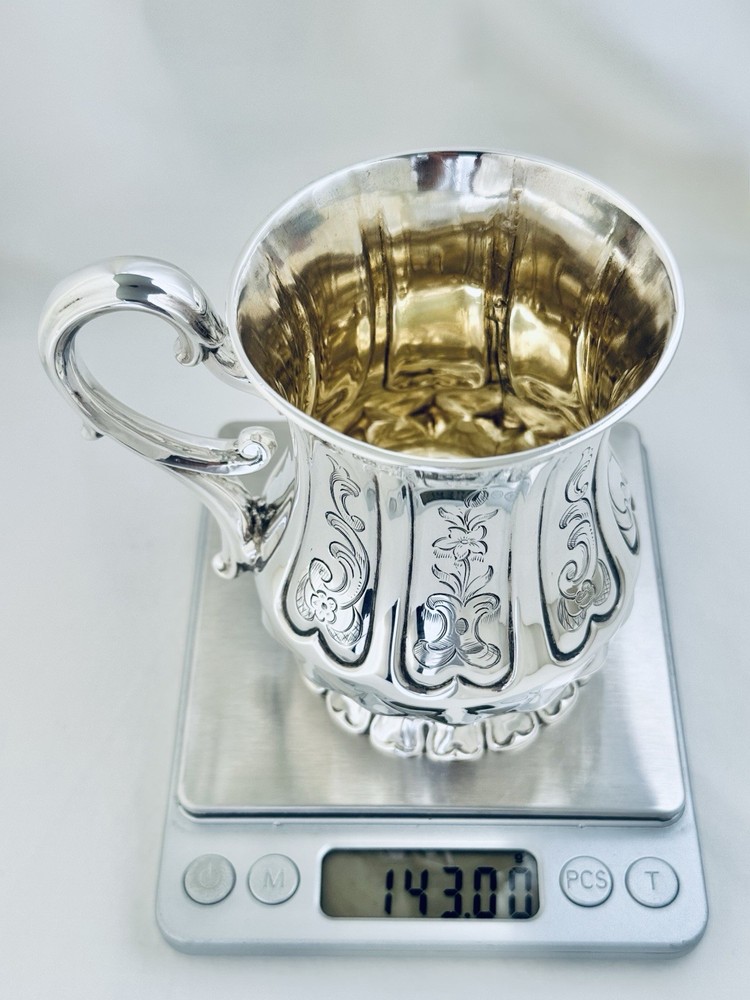 Antique Victorian Solid Sterling Silver Mug Scroll Handle Sheffield 1850