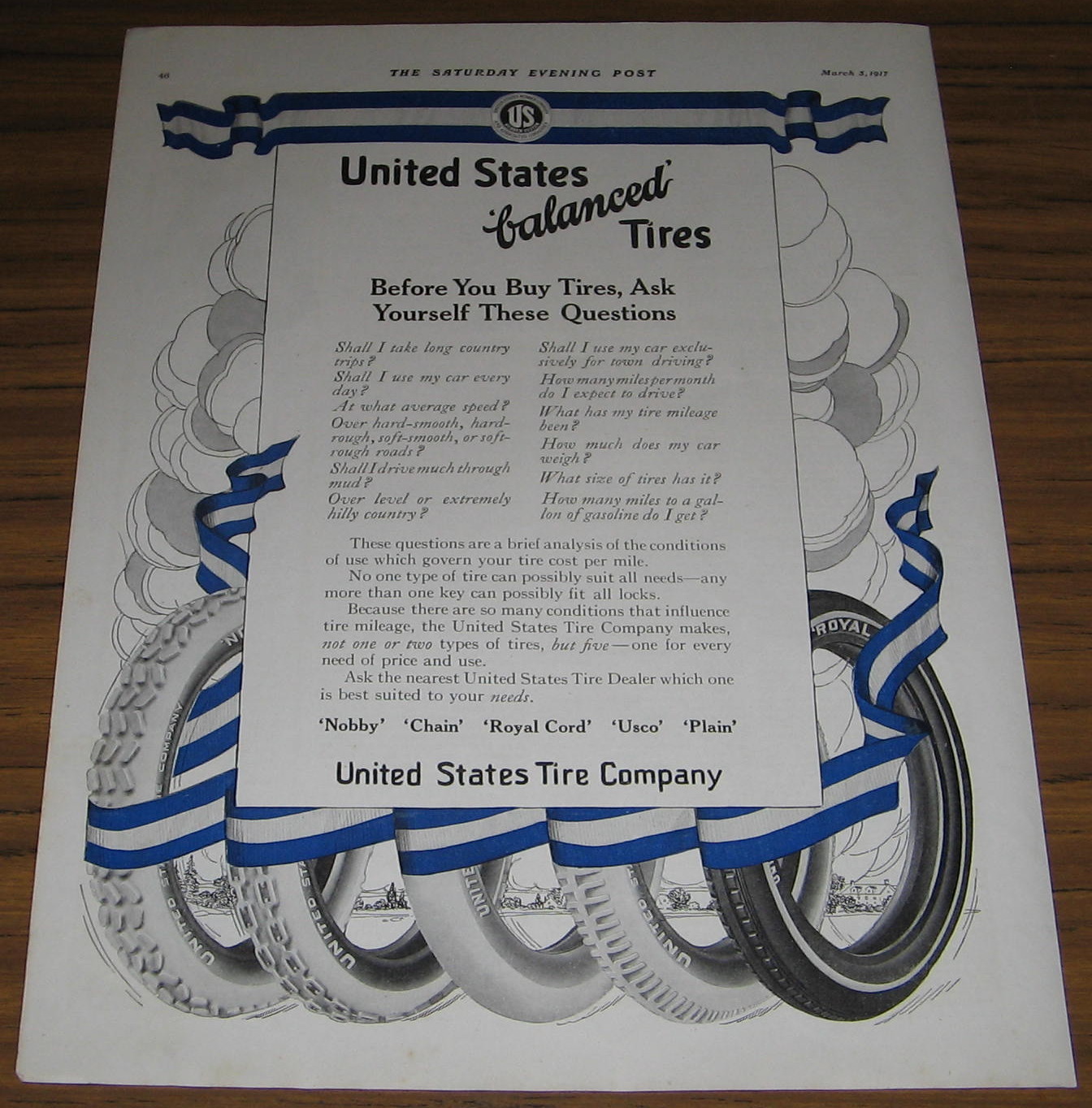 1917 Vintage Ad United States Tire Company Nobby,Chain,Royal Cord,Usco,Plain