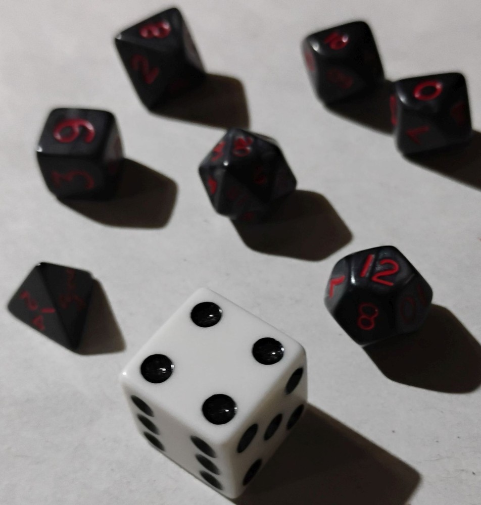 Mini 7 Dice Set Charcoal Black Red Numbers RPG DND Polyhedral Dice
