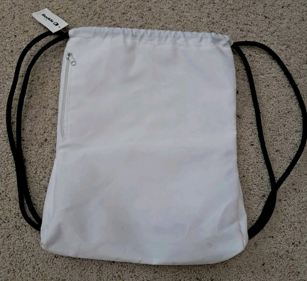 NEW White Oakley Draw String Backpack Gym Bag, Side Zip Pocket, Canvas