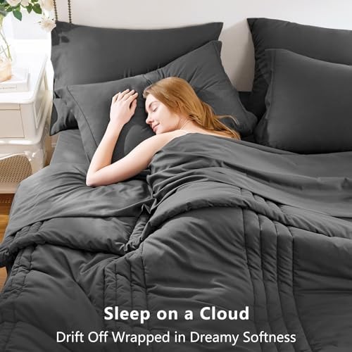 Size Comforter Sets - 7 Piece Bed in a Bag Comforter Set with Queen Dark Grey