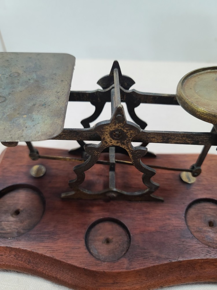 Antique Postal Scale Brass W/Walnut Base and Weights