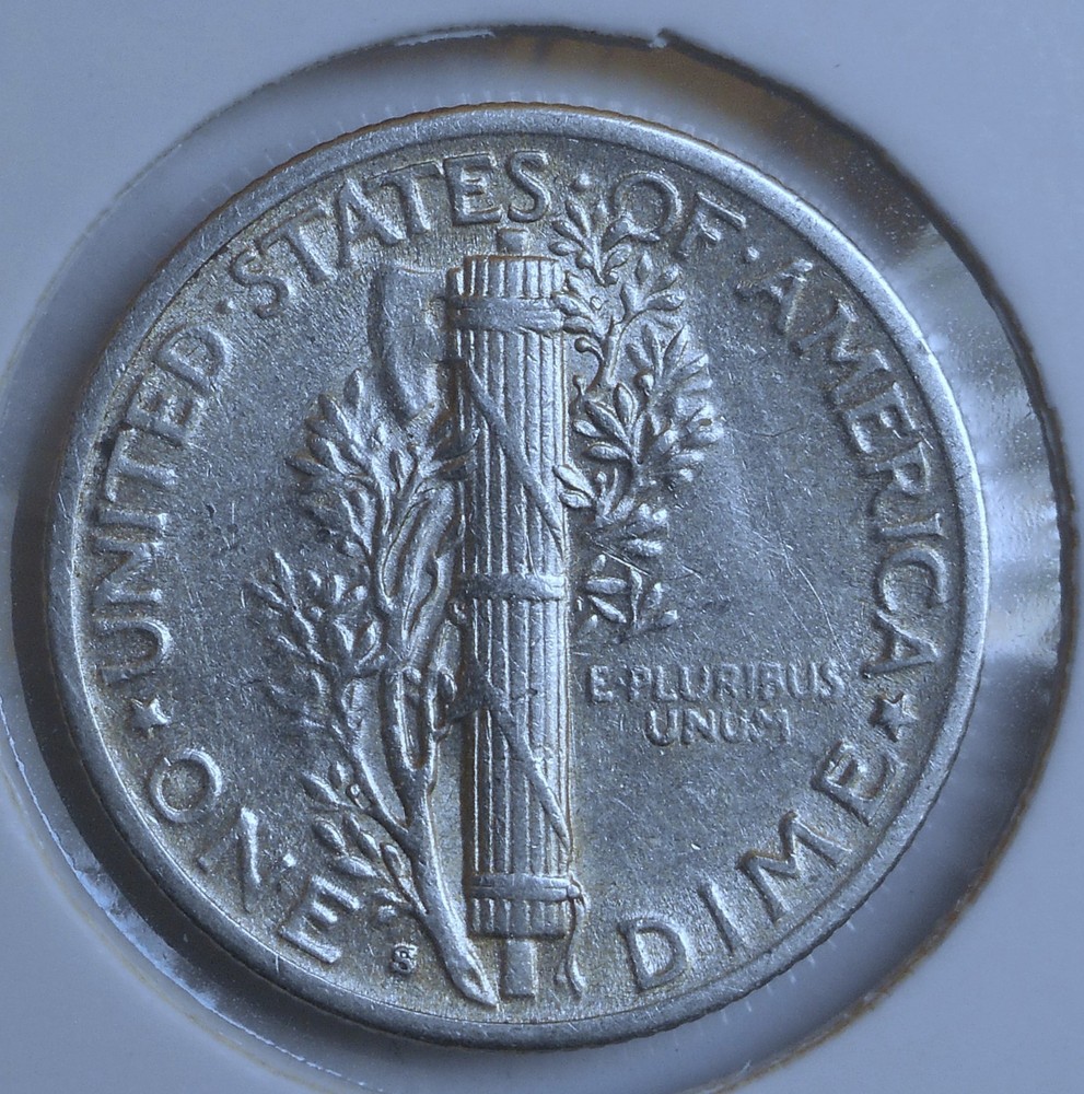 1945-s . Micro-s . Mercury Dime . AU . Almost Uncirculated . Silver .