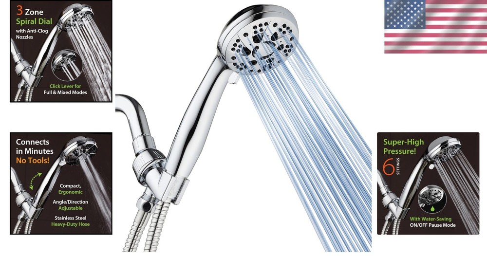 Effortless Installation 6-Setting Handheld Shower with Flex Hose & Chrome Finish