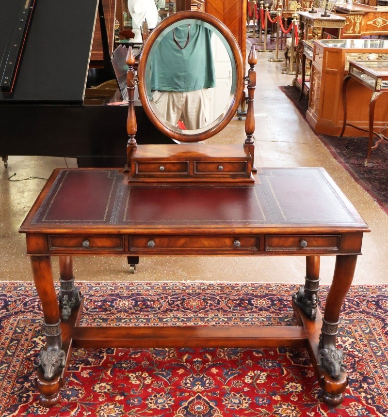 Theodore Alexander Mahogany Leather Tooled Rams Head Vanity Dressing Table