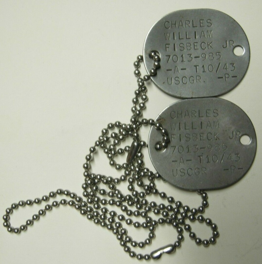 WW2 US Coast Guard Dog Tag Pair - 1943 - USCGR Charles William Fishbeck Jr