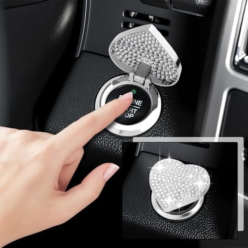 Heart Car Push Start Button Cover with Rhinestone Design,Sparkling Engine White