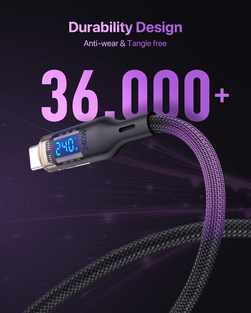 VisionSync 240W USB C to C Transparent Cable with LED Display 10Ft, Black