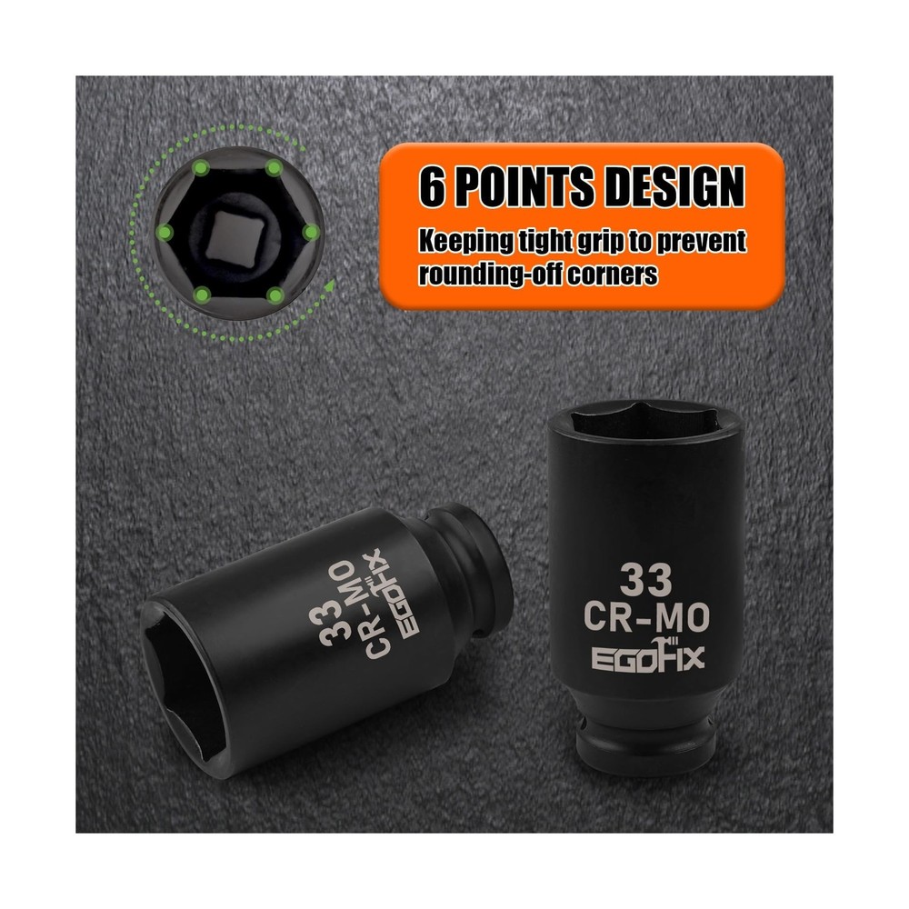 1/2" Drive Deep Impact Socket, 33mm Metric Socket, Axle Nut Socket CR-MO 6 Po...