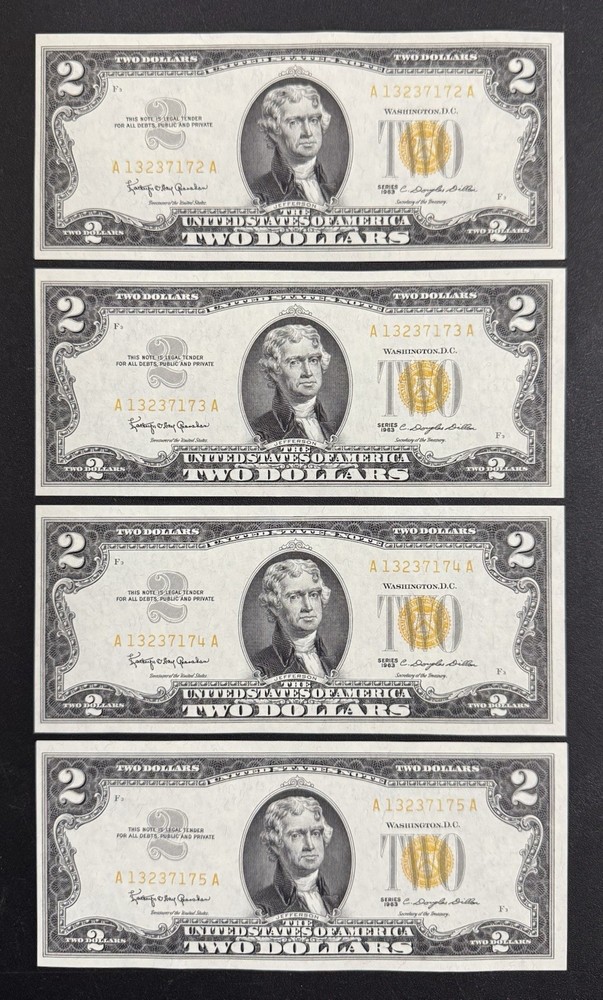 🔥GOLD SEAL ((4 CONSECUTIVE)) 1963 $2 UNCIRCULATED 🔥