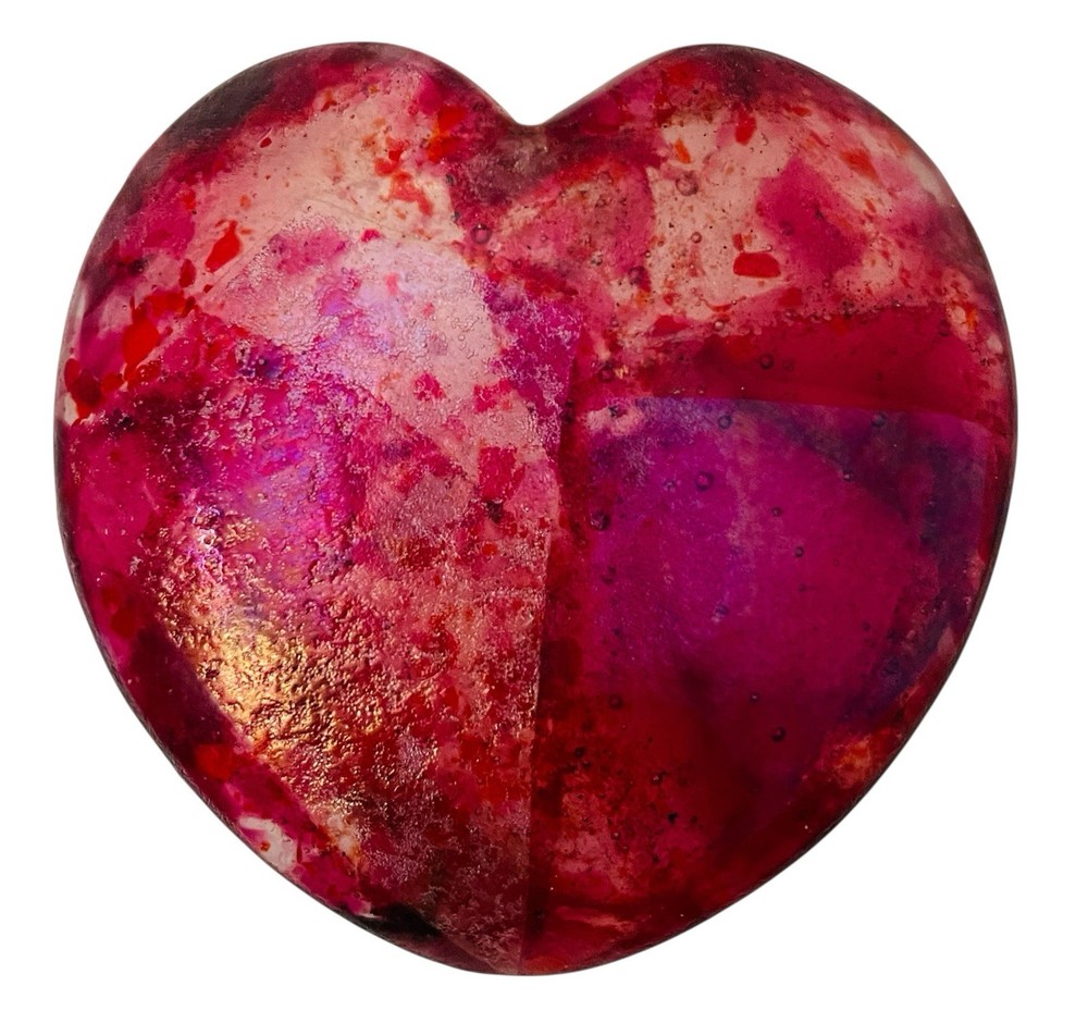 FUSED GLASS HEART DISH HANDMADE PINK RED PATTERNS GLOSSY TOP TEXTURED FLAT BASE