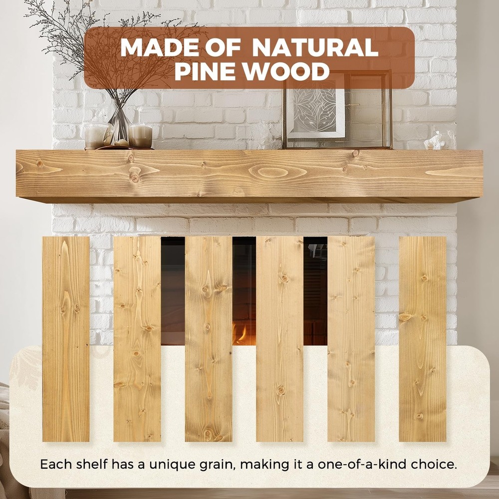 60x8x5 Fireplace Mantel - Handcrafted Rustic Solid Wood Wall Mounted Floating...