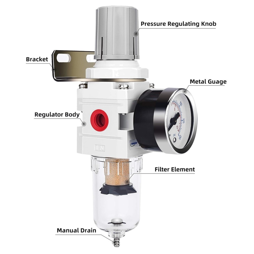 Compressed Air Filter Regulator - Semi-Auto Drain, 0-150 psi