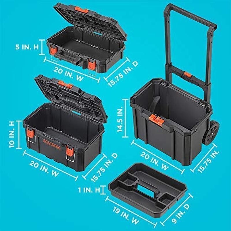 Stackable Storage System 3 Compartments Toolbox Rolling Tote Quick Access ‎Black