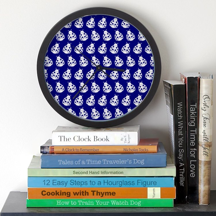 CafePress Blue And White Cute Ladybugs Pattern 10" Wall Clock (1492596890)