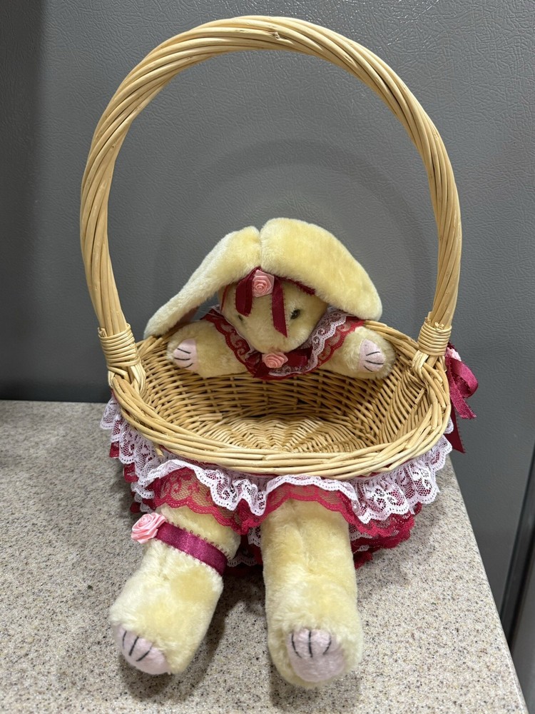 Handmade Stuffed Bunny Rabbit Basket Flowers Lace Easter in EUC