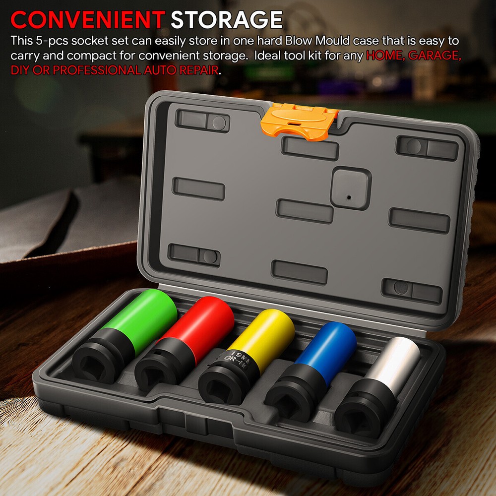 5Pcs 1/2" Drive Deep Impact Wheel Protector Lug Nut Bolt Socket Set w/Carry Case